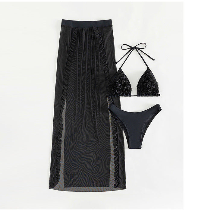 Womens Solid Color Versatile Casual Mesh Bikini Set