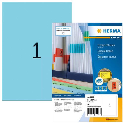 Herma Labels A4 Blue 210X297 Mm Paper Matte 100 St. — image 1