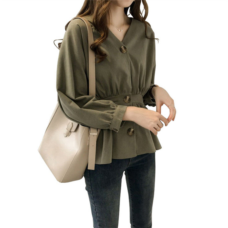 V-Neck Shirt Women's Long-Sleeved Top Han Fan Shirt