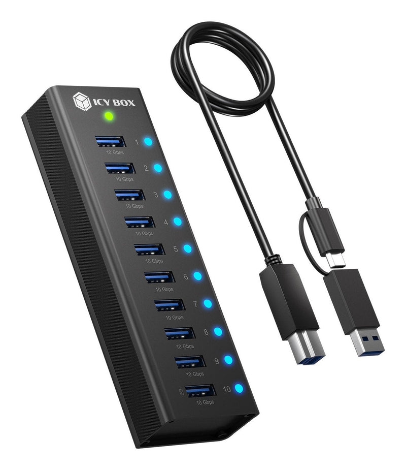 Box 10-PORT USB 3.2 Gen 2 (10 Gpbs) Hub With 1X Tablet-puerto Charging Includes 12V 4A Power Supply, Vollmetal