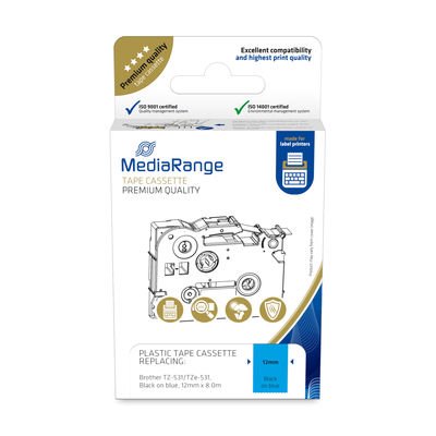 Mediarange Tape Plastic Escritura (sustituye a Brother TZ-531/TZE-531, Adhesión Permanente, 12MM, 8M, Laminate