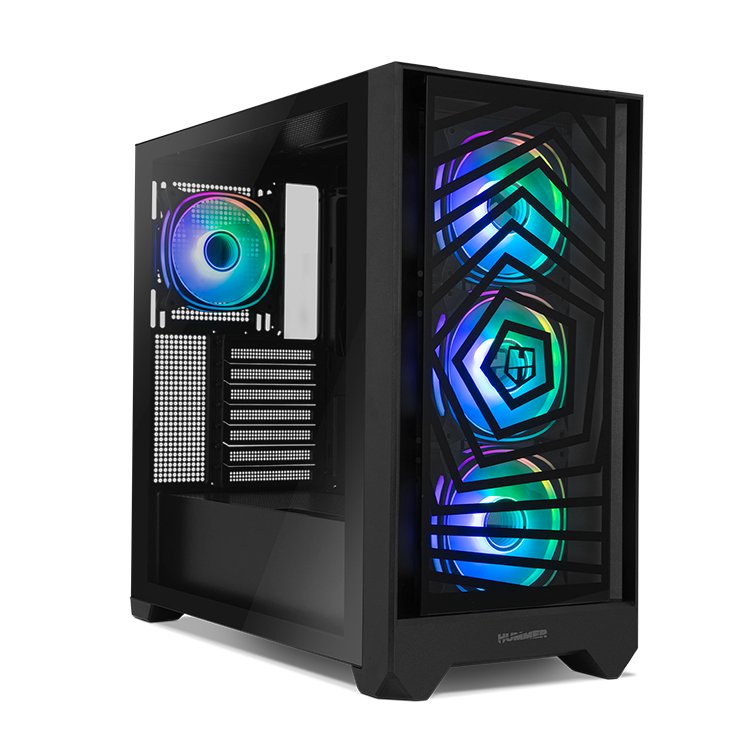 PC Case Hummer Plasma ATX Panel Front Mesh Glass Tempered 4X Fans ARGB Preinstalados, USB-C And 3.0, Black