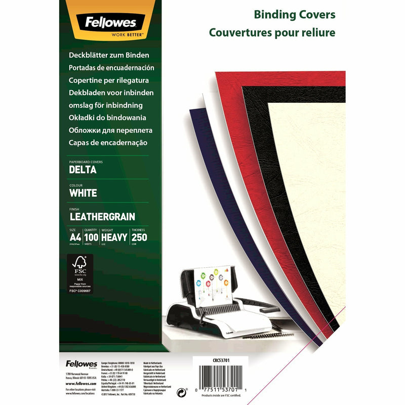 Fellowes Pack 100 Portadas Carton Simil Leather Delta Leather A4 - 250 Gr - Colour White