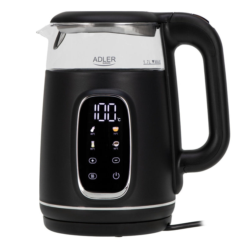 Adler Ad 1305 Electric Kettle, Glass Con LED Pantalla & Temperature Regulation, 1.7L, Negro Plata