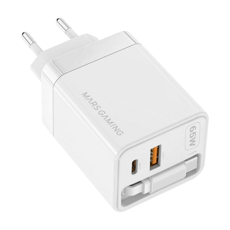 Mars Gaming Charger USB GaN MD-GAN65RW 65W 1x USB-C 1x USB-A Cable Retractable Pd Colour White