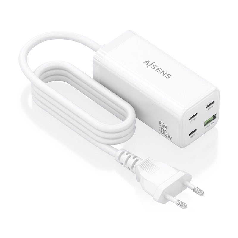 Aisens Charger Desktop GaN 100W, 3x USB-C PD 3.0 QC4.0 QC5.0, 1x USB-A QC3.0, White
