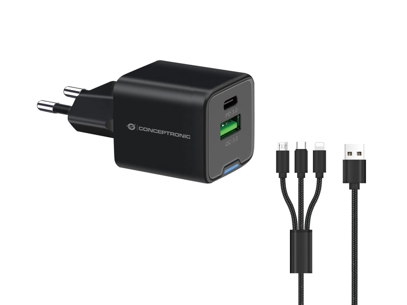 Conceptronic Charger 2PORT 33W,1x USB-C,1x USB-A + 3-IN-1 Sw