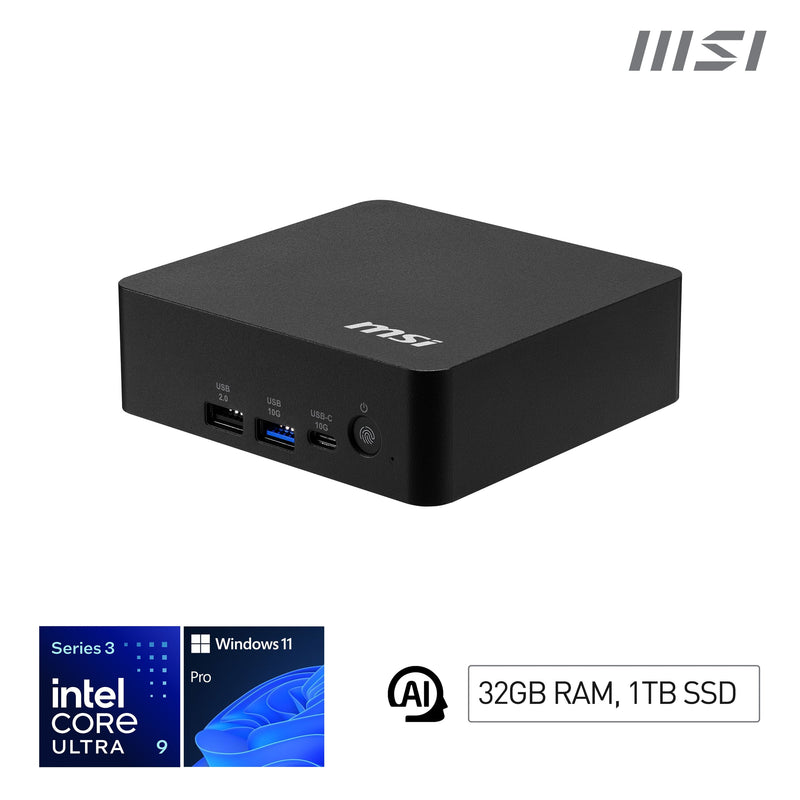 Msi Cubi Nuc Ai + 3M Copilot + PC Ultra 9 386H RAM 2X16GB SSD 1TB Wi-Fi 7 Air Cooler PSU 120W LAN 2X VESA 2x H