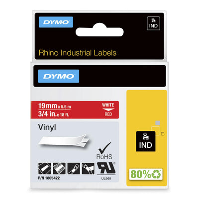 Dymo Rhino Tape Labels Industrial Adhesiva ID1-19, White Sobre Red 19MMX5'5M, Vinilo — image 1