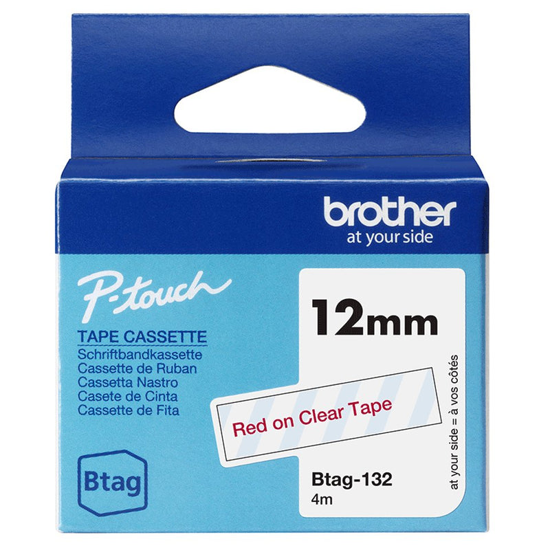 Brother Tape Labels BTAG-132 12MM, Red Sobre Transparent No Laminated BTAG132