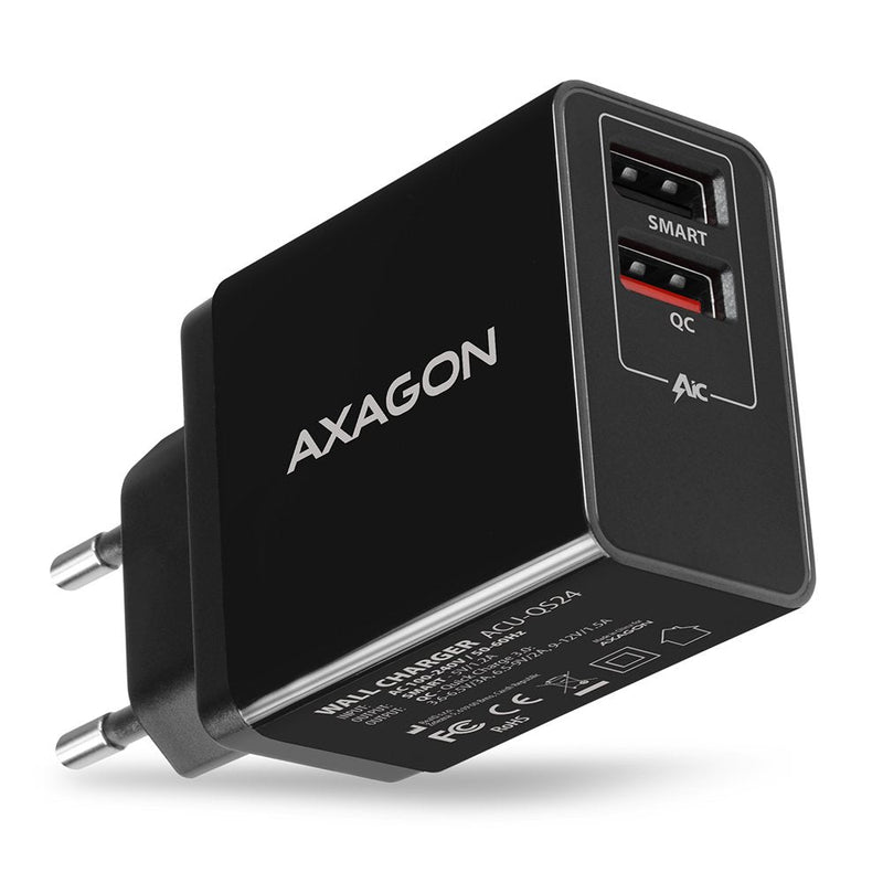 Axagon ACU-QS24, Charger Network Fast And Smart 2X Port USB QC3.0 / Afc / Fcp + 5V-1.2A, 24W