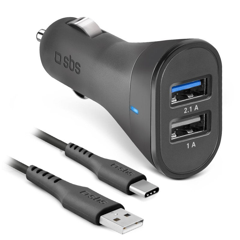 Sbs Kit Charger Car Mini 2x USB 12/24V 2400MAH Charging Fast With Cable Type-c