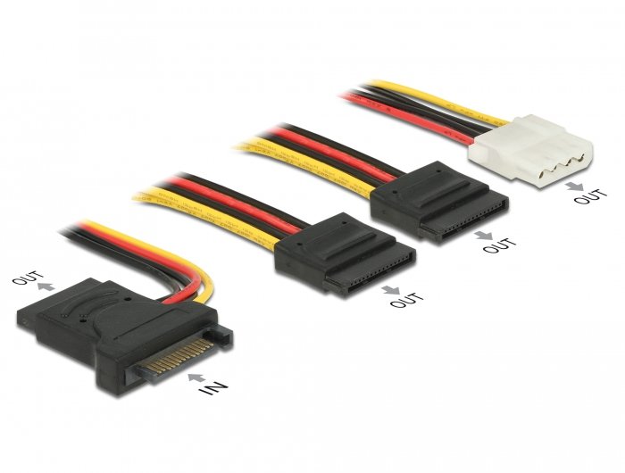 Cable Power SATA 15 Pin Connector Male 3 X SATA Connector Female + 1 X Molex 4 Pin Connector Female 20CM (pcb)