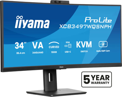 Iiyama Monitor 34 Prolite XCB3497WQSNPH-B1 LED Black (matt), Uwqhd, Va, Curvado, Kvm, Hub Usb, Usb-c, Webcam,  — image 1