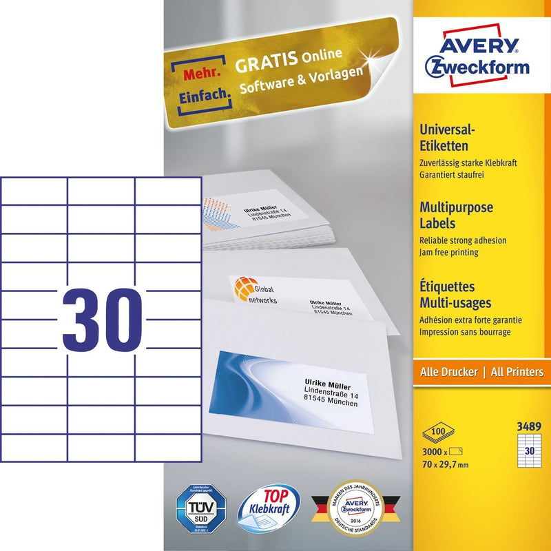 Avery Zweckform Labels 3489 White 70,0 X 29,7MM