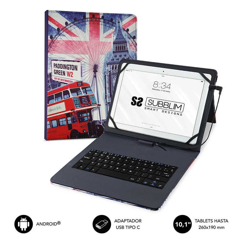 Subblim Case With Keyboard Keytab USB England Tablet 10.1'/25.65CM Microusb With Adapter Type-c Closure Solapa
