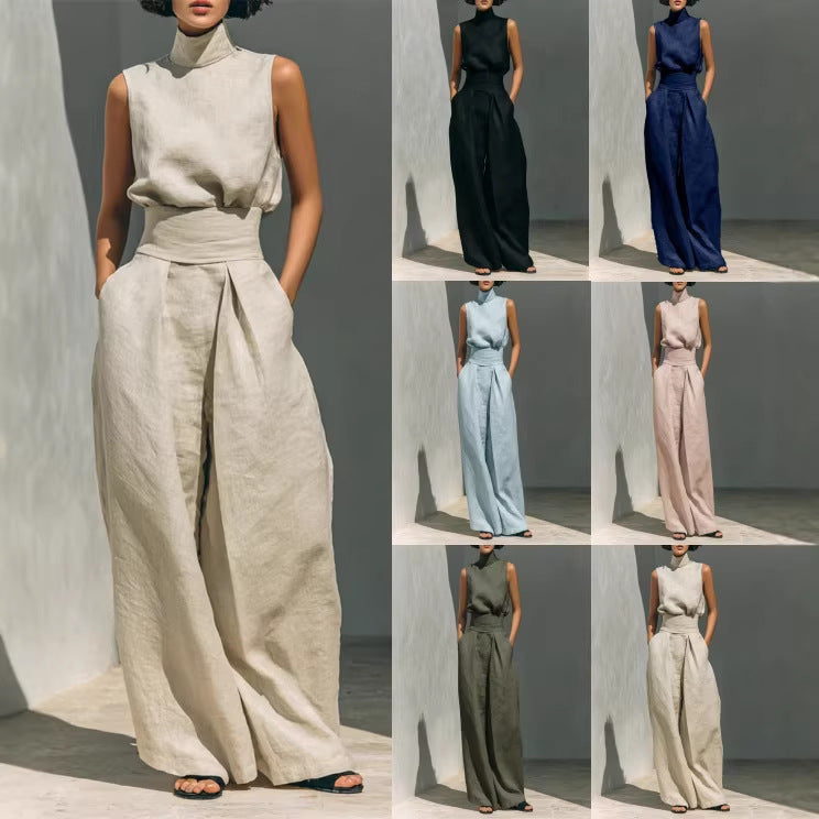 Casual Sleeveless Suit Summer Stand-up Collar Pullover Top And Loose Straight-leg Trousers Women's Clothing