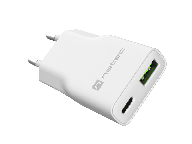 Natec USB Charger Ribera GaN Slim USB-A + USB-C 20W White