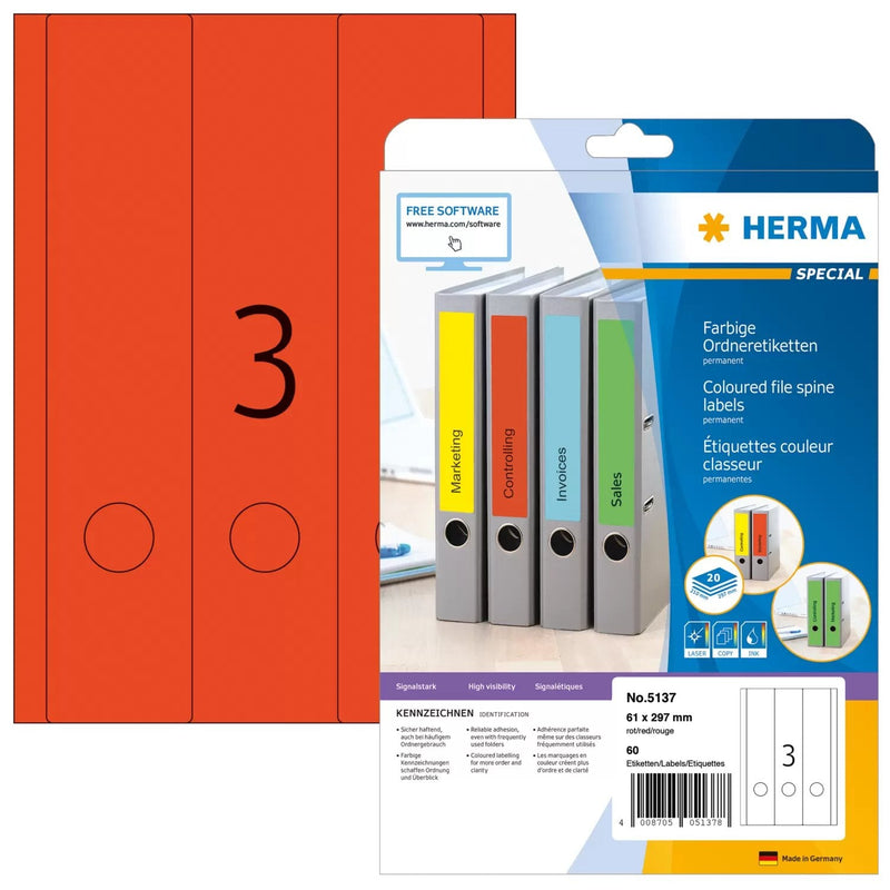Herma Labels Ring Binder 61,0 X 297,0MM Red