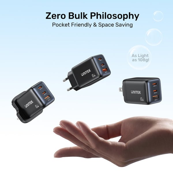 Unitek Wall Charger GaN 2X Usbc, Usba, PD 3.0, 65W