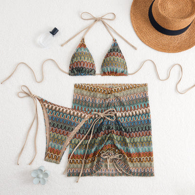 Embroidered Gradient Sexy Three-Piece Halter-Neck Strappy Swimsuit