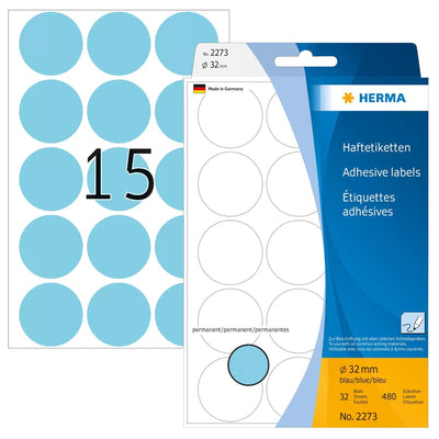 Herma Adhesive Labels Blue 32MM 32 Sheets 111X170 480 Pcs. 2273 Labels — image 1