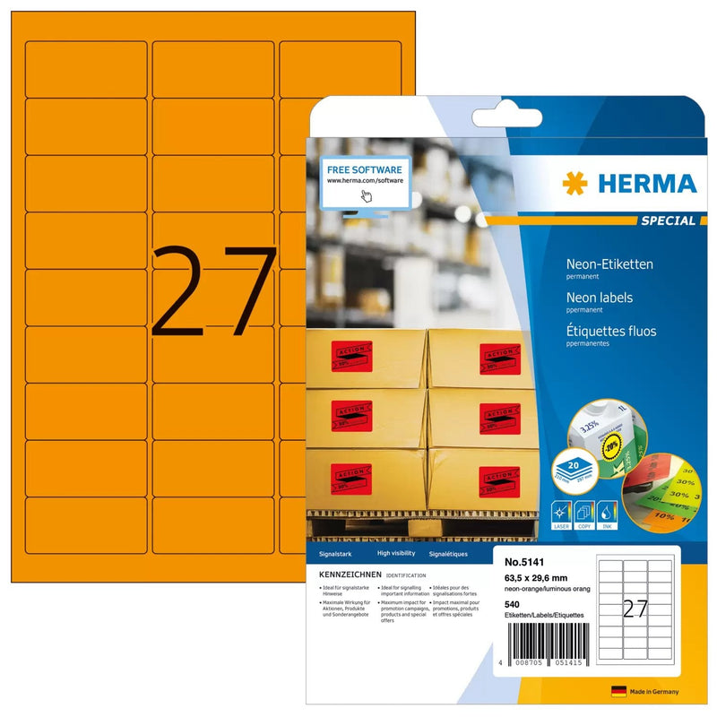 Herma Labels A4 Orange Neón 63,5X29,6MM Paper 540 Units