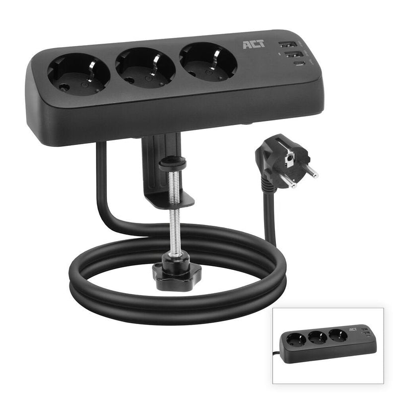 Desk Power Strip With 3 Type F Sockets, 30W Power Delivery, USB Type-c a Ports, Cable Length 1.5 Meters