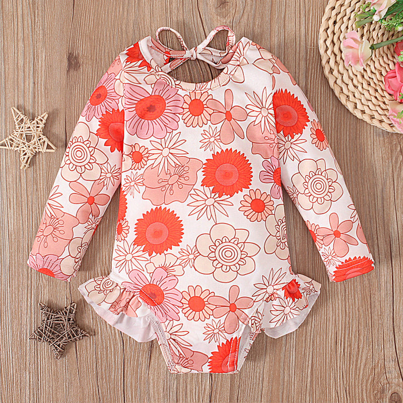 Girl's Pattern Graphic Print Crew Neck Open Back Swimsuit