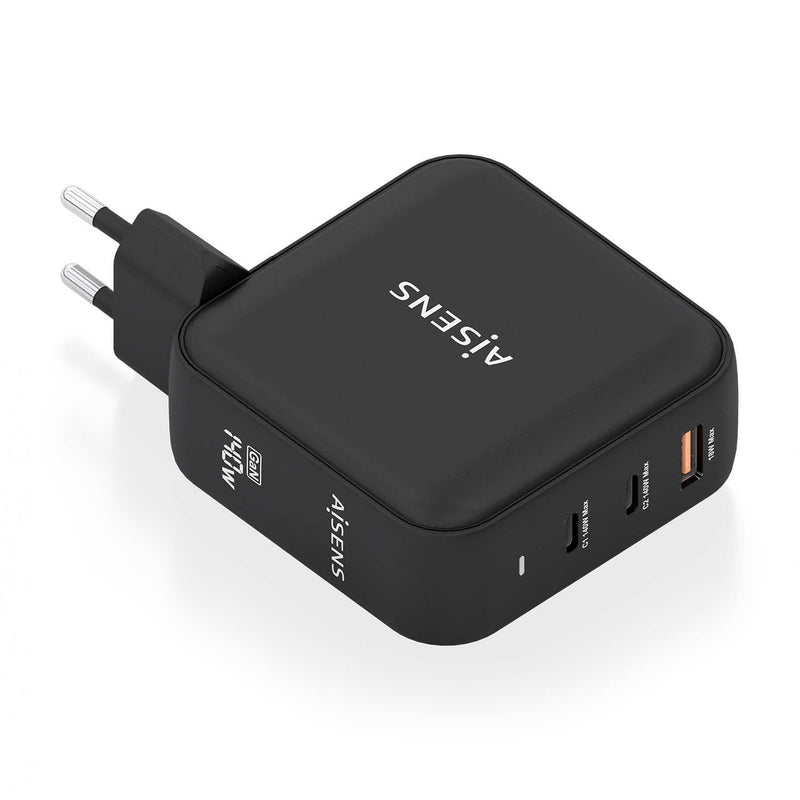 Aisens Charger GaN 140W, 2x USB-C PD 3.1 QC4.0, 1x USB-A QC3.0, Black