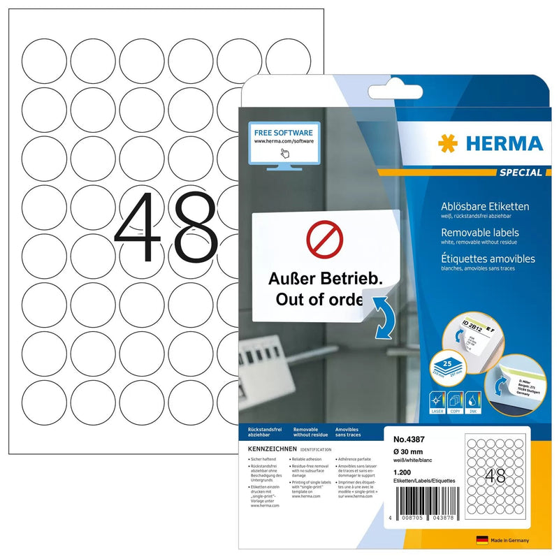 Herma Round Labels 30MM White 25 Sheets 1200 Pcs. 4387 Labels