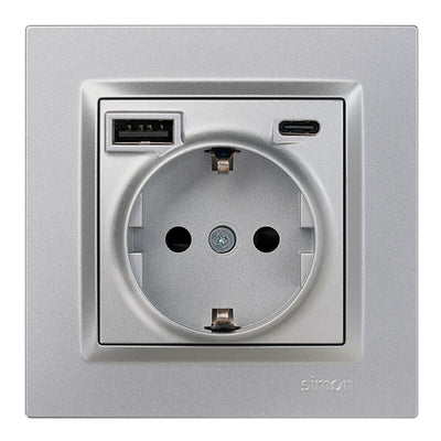 Base Plug Schuko + USB a + C 10,5W 16A 250V~, Simon 10, Aluminium — image 1
