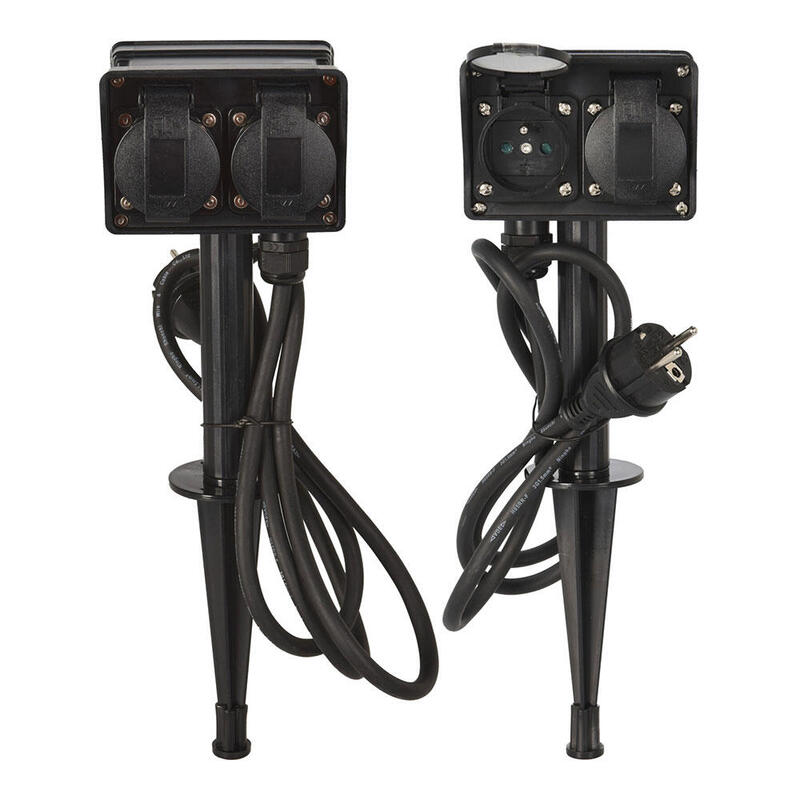 Base Múltiple, 2 Units 2 Sockets Schuko Estaca Garden With Covers IP44, Black