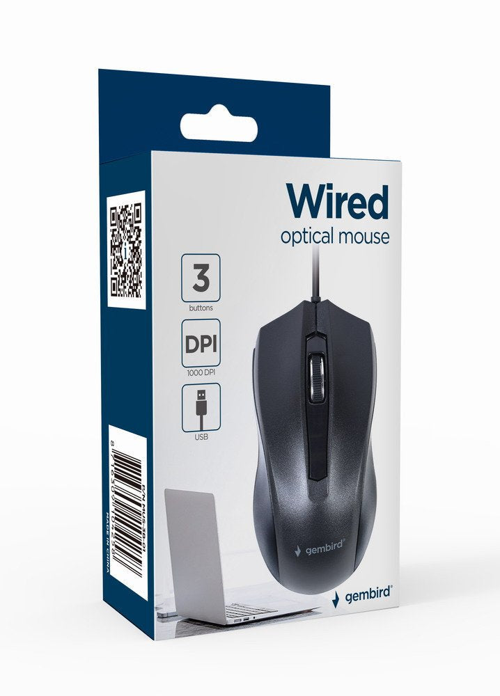 Gembird Mouse Optico MUS-3B-01, 1000 Dpi, Usb, Black, 1.35M Cable Length