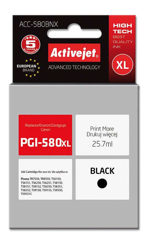 Activejet Ink ACC-580BNX (reemplazo PGI-580BK XL - Supreme - 25,7ML - Black