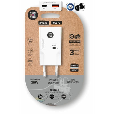 Tech One Tech Wall Charger GaN GaN TEC2230 1x USB Type-c 1x USB 30W White — image 1