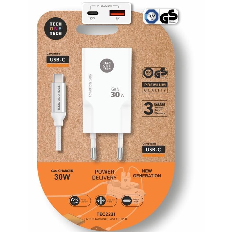 Tech One Tech Wall Charger TEC2231 1x USB Type-c 1x USB + USB Cable Type-c 30W White