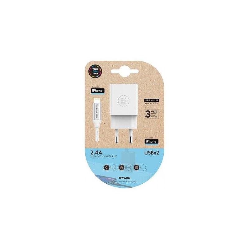Tech One Tech Wall Charger TEC2402 2x USB + Cable Lightning 2.4A White