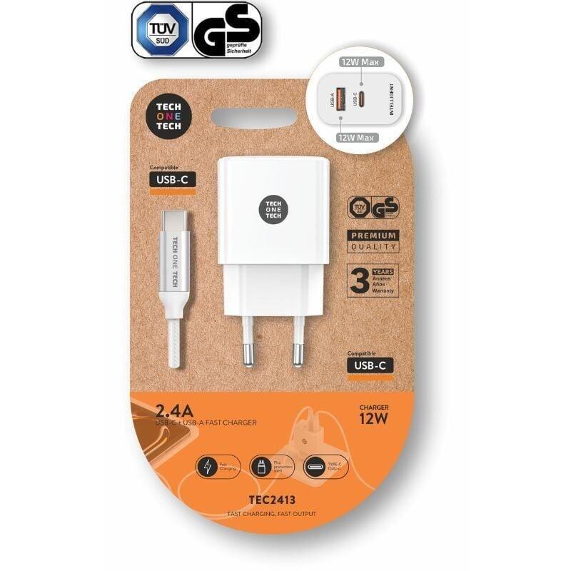 Tech One Tech Wall Charger TEC2413 1x USB Type-c 1x USB + USB Cable Type-c 12W White
