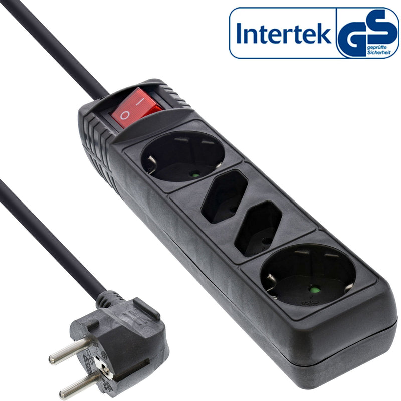 Inline Power Strip 4 Sockets 2X Type F + 2X Euro With Switch Black 3M