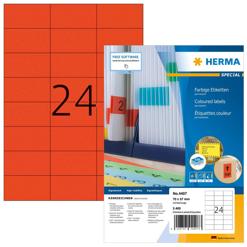 Herma Labels A4 Red 70X37 Mm Paper Matte 2400 Units