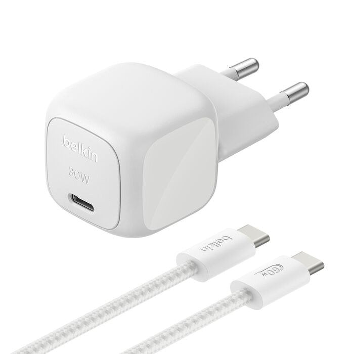 Belkin Pack Charger Network *GaN* USB-C 30W Pd + Cable Tresse USB-C Vers USB-C 2M - Silver -