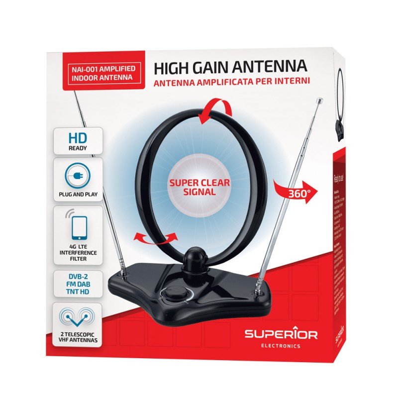 Top Antenna TV Amplificada Per Interni DVB-2 Fm Dab Tnt HD