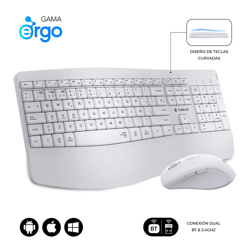 Subblim Keyboard Spanish Combo Mouse Prowave Inalamb Ergo White