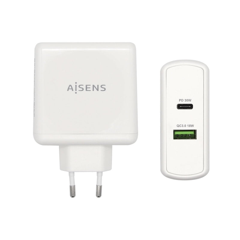 Aisens Charger Smartphone 48W 1x USB-C PD 3.0 30W, 1x USB-A QC3.0 18W