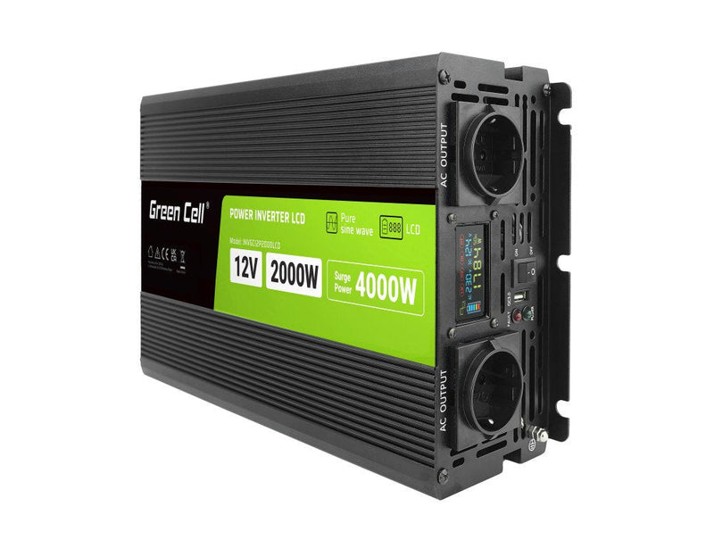 Green Cell Power Inverter 12V-230V 2000W 4000W With LCD Display - Pure Sine Wave
