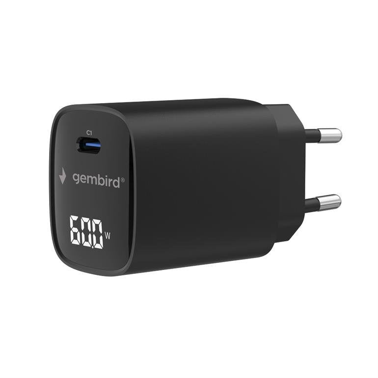 Gembird TA-UC-1C-PD60LCD-01-BK 60W USB Type-c Fast Charger, Lcd, Black