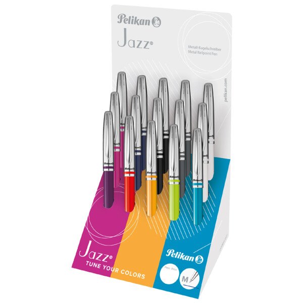 Pelikan Jazz Classic Expositor With 15 Pens Retractiles - Trazo 1MM - Mecanismo Giro - Capuchon And Clip