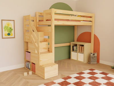 MAKALU Wooden Loft Bed with Storage Stairs – 90 × 200 cm
