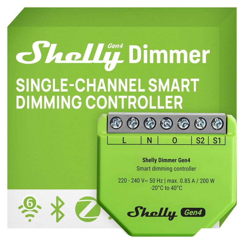 Shelly · Unterputz · \dimmer GEN4\ · Relais · LED Lichtcontroller · Messfunktion · WLAN · Zigbee · Matter · Bt